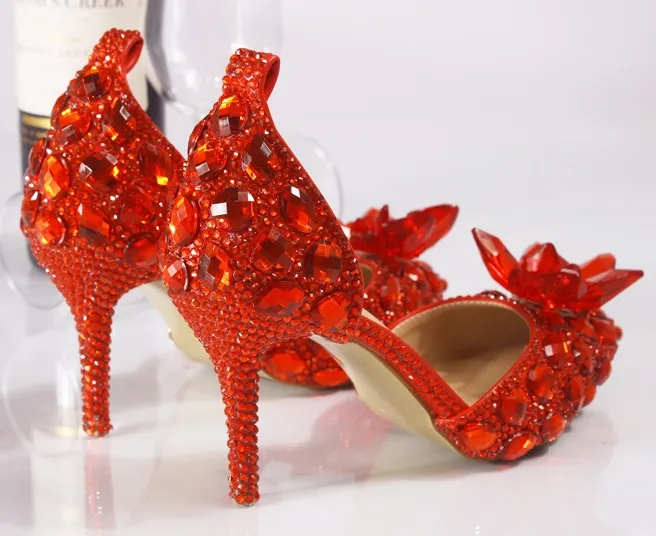 Wspaniałe Kryształowe Ślubne Buty Ślubne Rhinestone 8 CM Princess Red Srebrny Kolorowe Formalne Party Prom Buty Szpiczasty Toe Kobiety Pompy