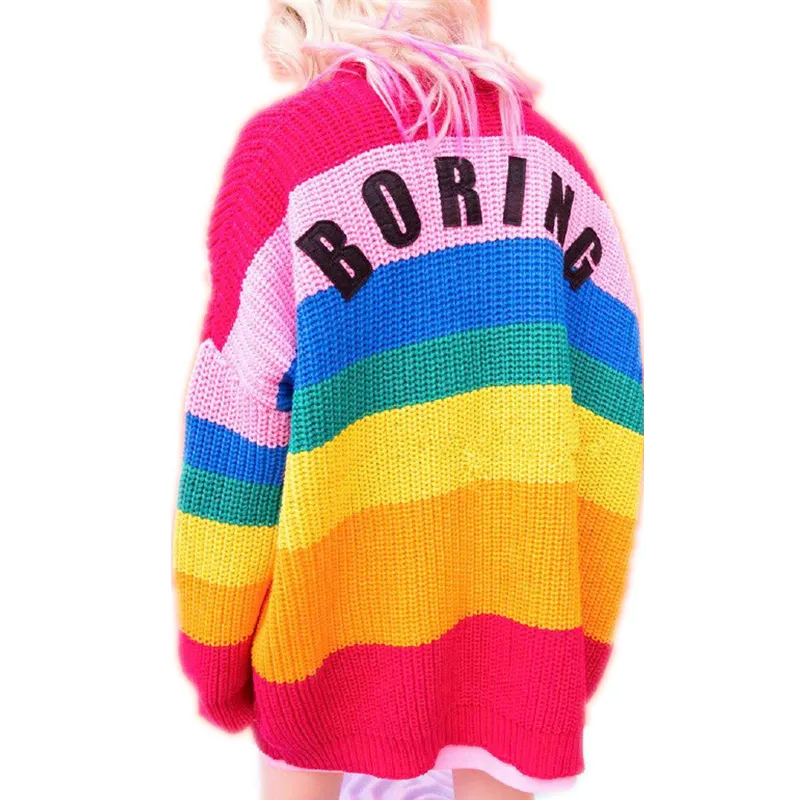 Runway Women's Sweater Kawaii Ulzzang Rainbow Striped Cardigan Broderi Bokstäver Stickade Kvinnor Harajuku Tröjor för Kvinnor