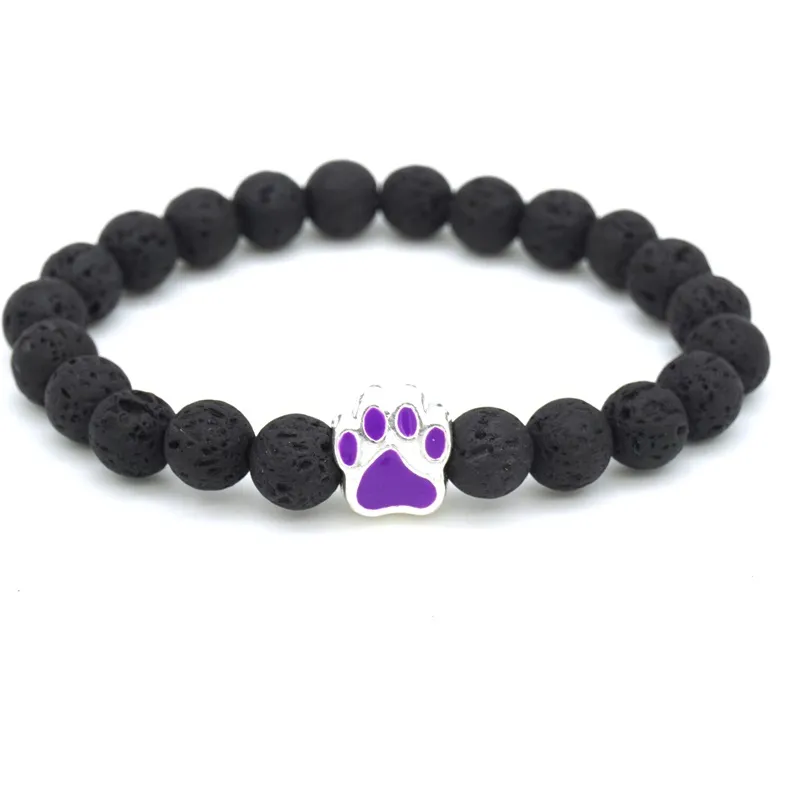 Ny paw charms 8mm svart lava stensträng elastisk armband essentiell oljediffusor armband vulkaniska stenfotavtryck pärlstav handsträngar