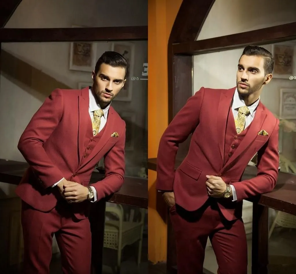 Handsome Slim Fit Red Groom Tuxedos Beautiful One Button Groomsman Men Formal Men Prom Dinner Business Suits(Jacket+Pants+Tie+Vest)NO:840
