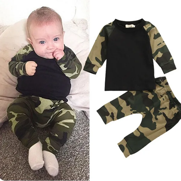 Baby Boys Army Supple Set Fashoin Младенческая одежда набор малышей с длинным рукавом футболка и камуфляж