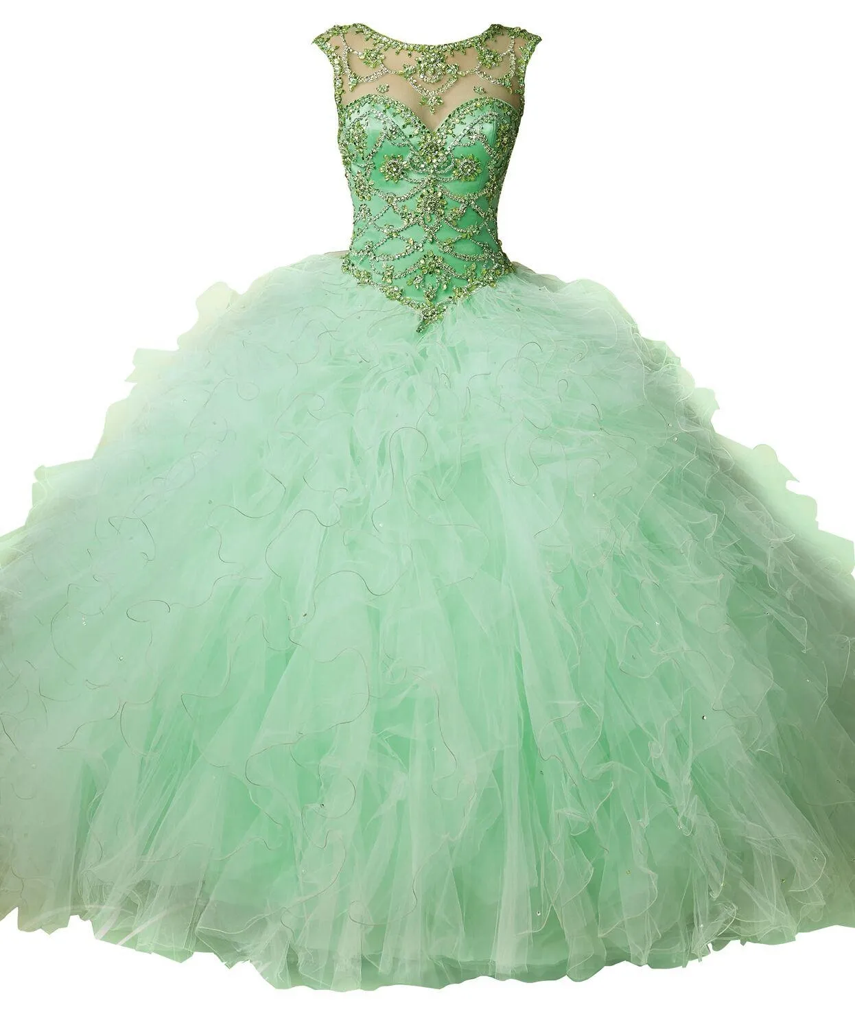 Coral Peach Sheer Crystal Beaded Green Rhinestone Bag Ruffled Tulle Gown with Lace-Up Back and Quinceanera-Inspired Charm