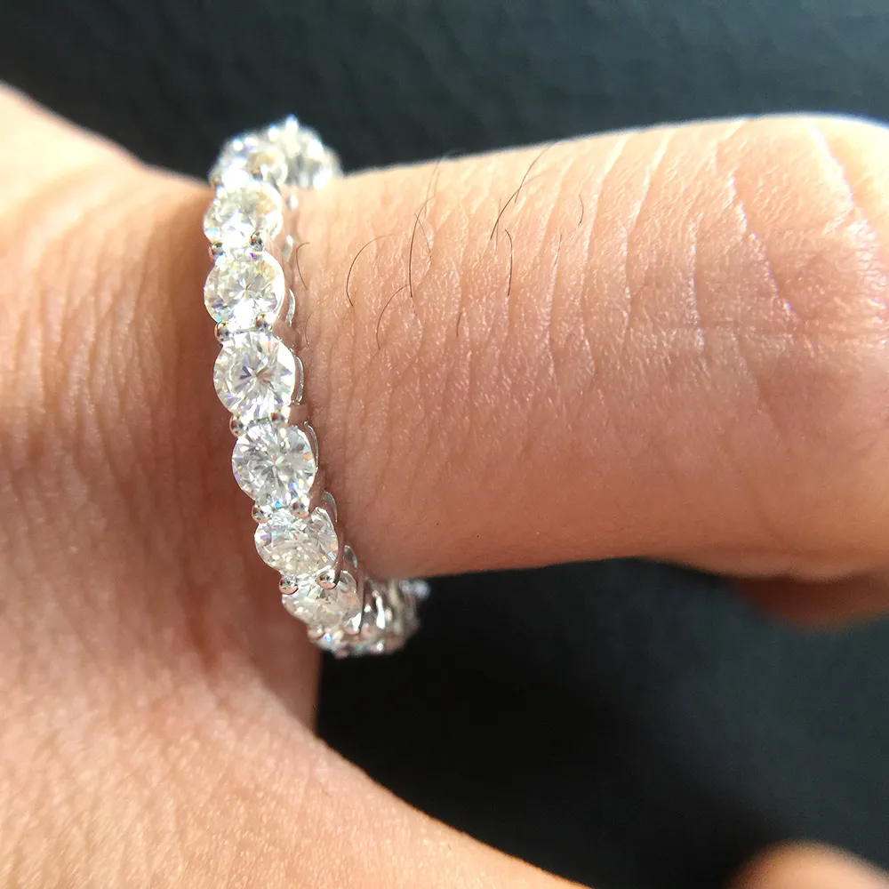 Anel de Noivado de Ouro Branco 14K 585 Sólido 3mm F Cor Moissanita Banda de Diamante Eternidade Completa para Mulheres