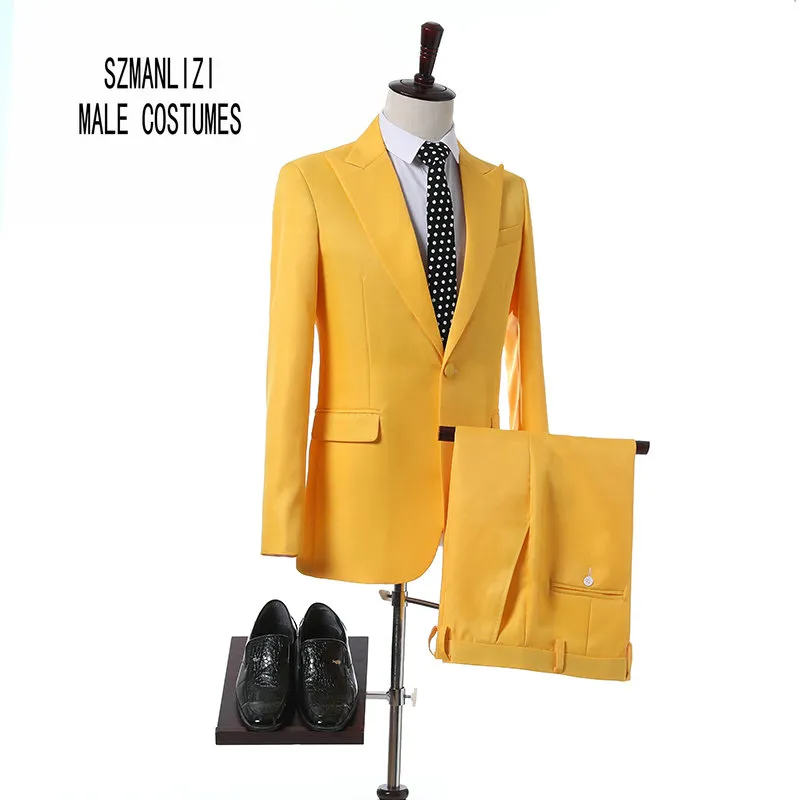 Élégant Marque Hommes Costumes 2018 Custom Made Dernier Manteau Pantalon Conception De Mode Jaune Costume Pour Mariage Marié Meilleur Homme Garçons D'honneur Costume De Bal Smoking