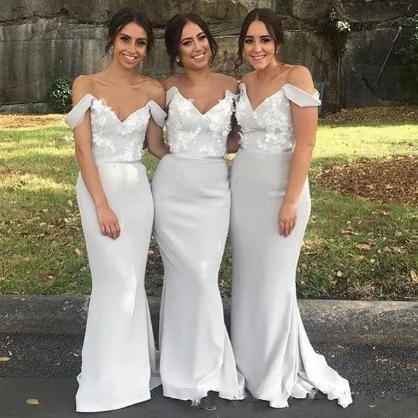 2018 Country Mermaid Bridesmaid Dresses For Weddings Off Shoulder White Lace Appliques Sash Long Backless Maid of Honor Wedding Guest Gowns