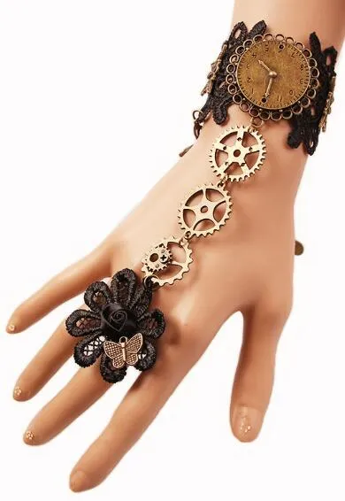 Hot new Moda vintage pulseira de renda preta das mulheres engrenagem do motor a vapor enfeites de mão banda anel elegante clássico elegante