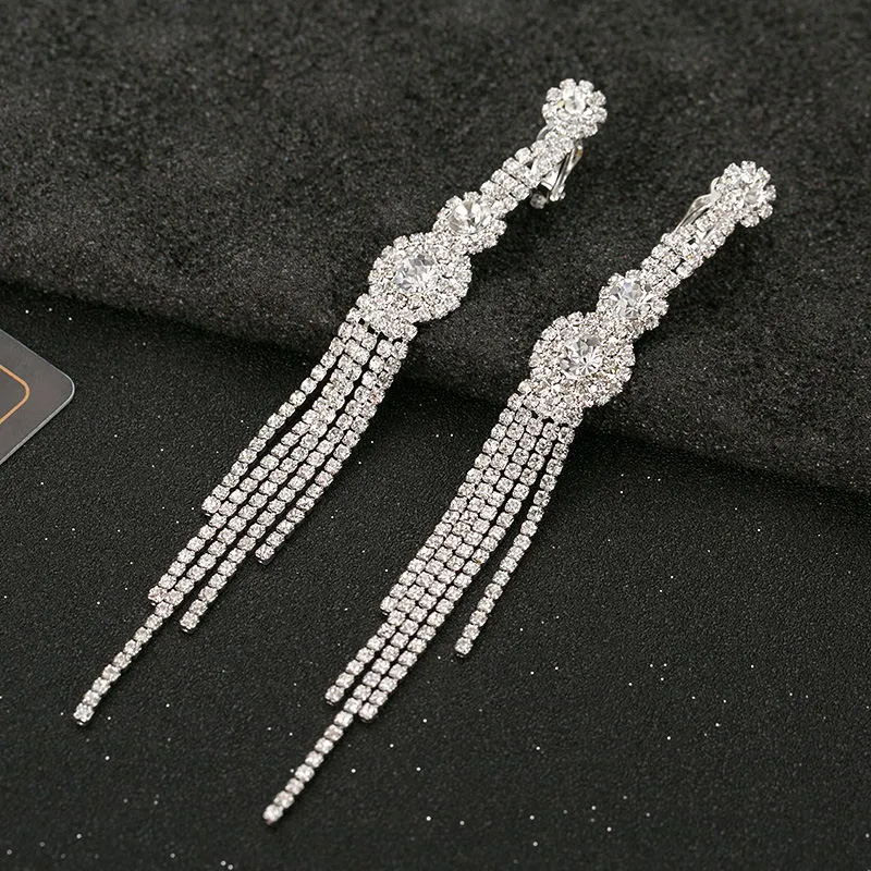 Quaste baumeln Ohrringe Gold Strass lange Silber neue Mode Clip Ohrringe für Frauen Mädchen einzigartige Hochzeit Schmuck Großhandel DHL