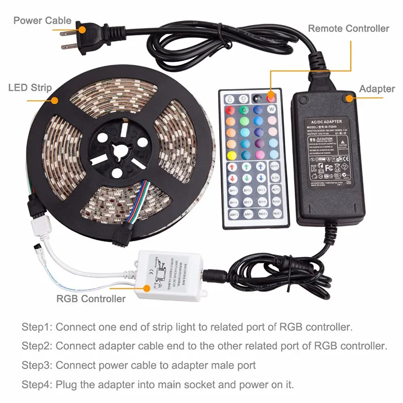 5m SMD5050 RGB LED Tira 300LED / M DC12V À Prova D 'Água 300LEDS + 44Key RGB Controlador LED + 12V 5A 60W Adaptador de energia