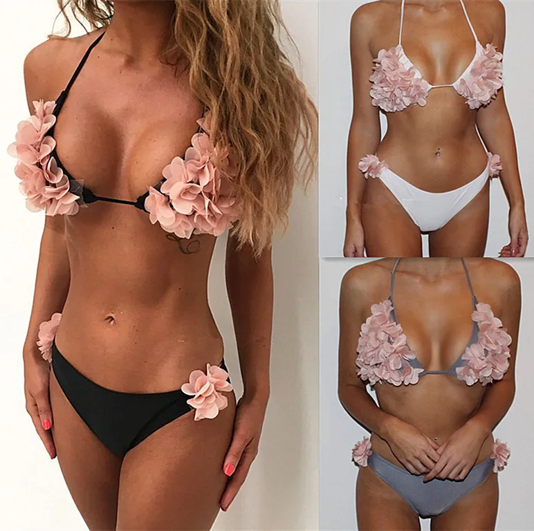 Donne Halter Flower 2pcs Bikini Summer Beach Costumi da bagno Abbigliamento Reggiseni Set Slip Biancheria intima