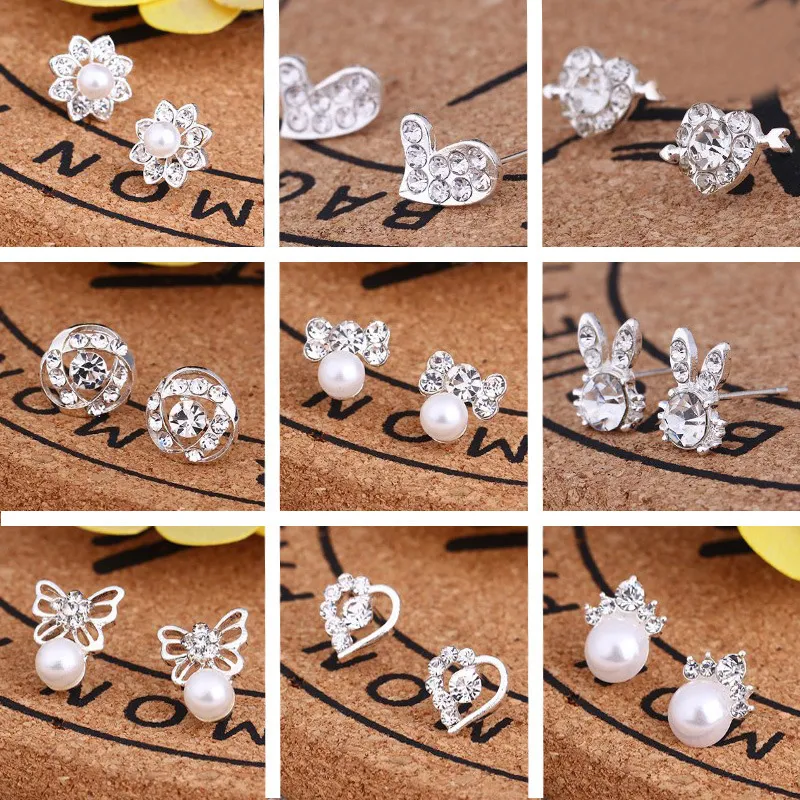 Zamówienie Mieszane Multi Style Ekstrawagancji i błyszczące Moda Delikatny Rhinestone Ear Studs Pearl Kolczyki Dziewczyna Madam Biżuteria 20 Par / 