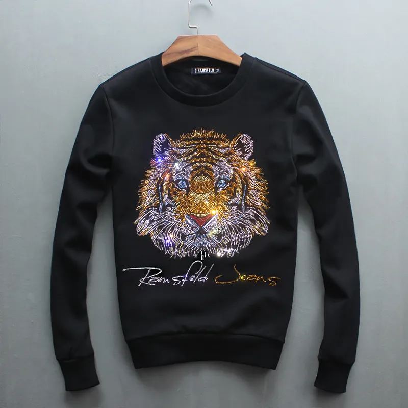 Herbst und winter Männer Hoodies Casual Männlichen Lange Ärmeln Kaschmir Verdickt Bohren Tiger Kopf Sweatshirts Mode Männer Hoodies