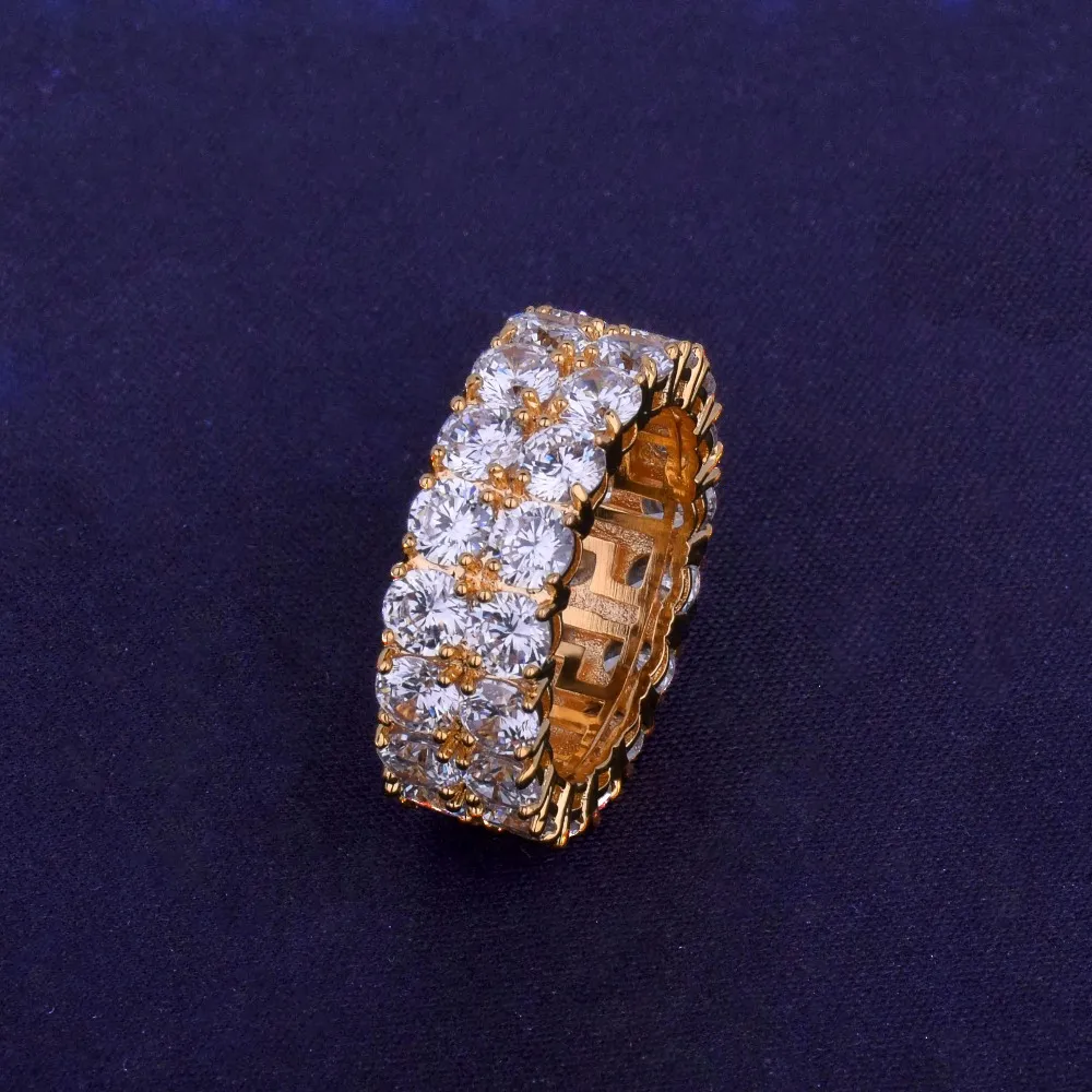 de Solitaire Homens Two Row anel de cobre encanto Gold Silver Cor Cubic Zircon Iced anel de moda Hip Hop Jewelry