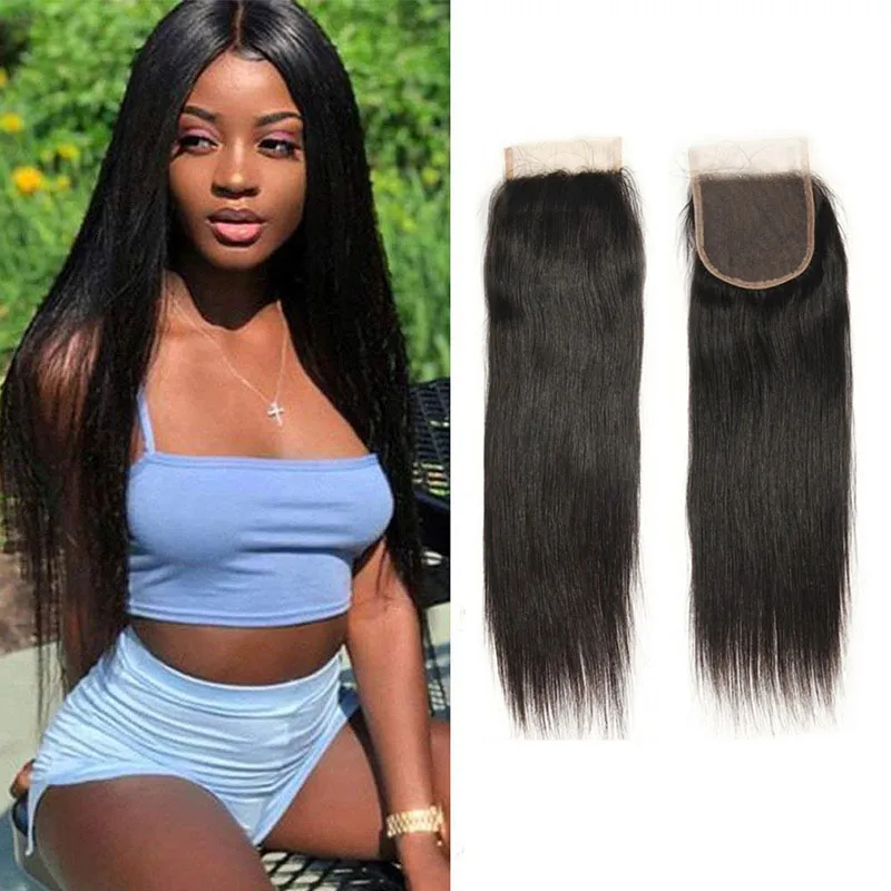 Malaysian Unprocessed 100% Human Hair Products Silky Straight 4X4 Lace Closure 10-24inch Four By Four Closure With Baby Hair