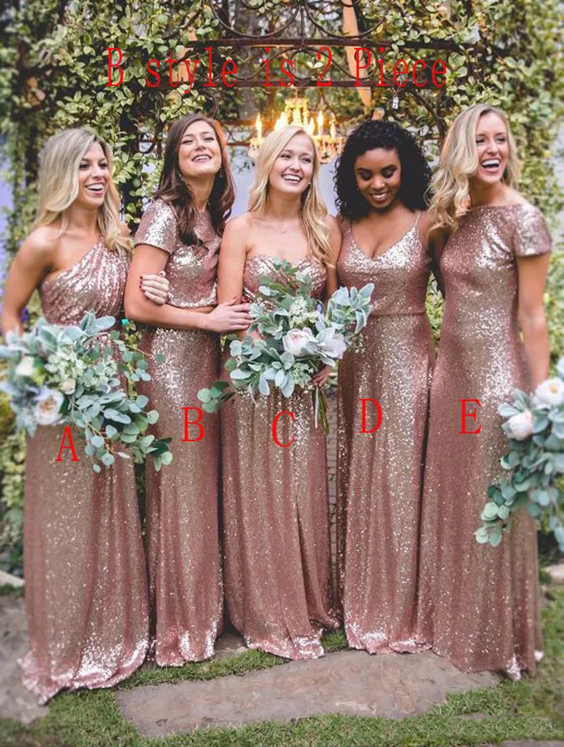 Rose Gold Sequin Long Bridesmaids klänningar blandade brudtärna klänningar glittrande skräddarsydda bröllopsgästklänningar