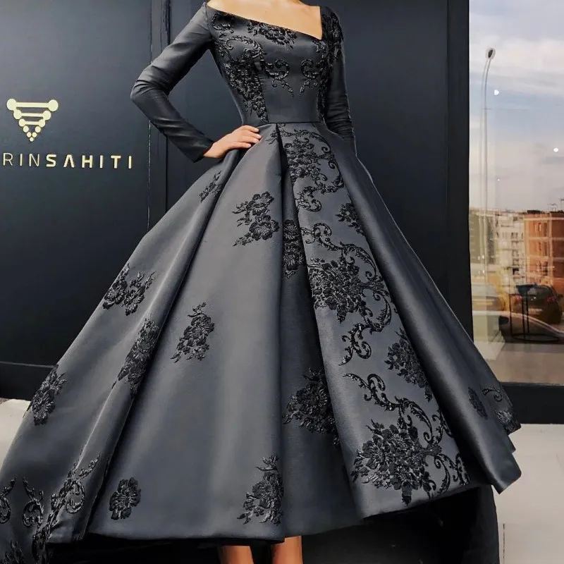 Elegant Long Sleeve Evening Gown Unique V-Neck Embroidery Applique Satin High-Low Prom Dresses Custom Made Saudi Arabia Formal Party Dresses