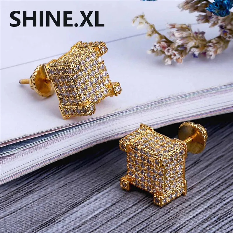 Hip Hop nuevo personalizado Iced Out Gold Color Micro pavimentado Zircon Square Stud pendiente con tornillo Back Bling joyería para mujeres y hombres