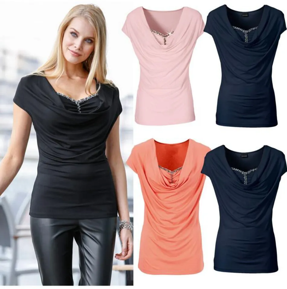 Cuentas Camisas cortas Sexy Tops de manga corta Color sólido Moda Blusa suelta Blusas casuales Camisetas calientes Ropa de mujer OOA4060