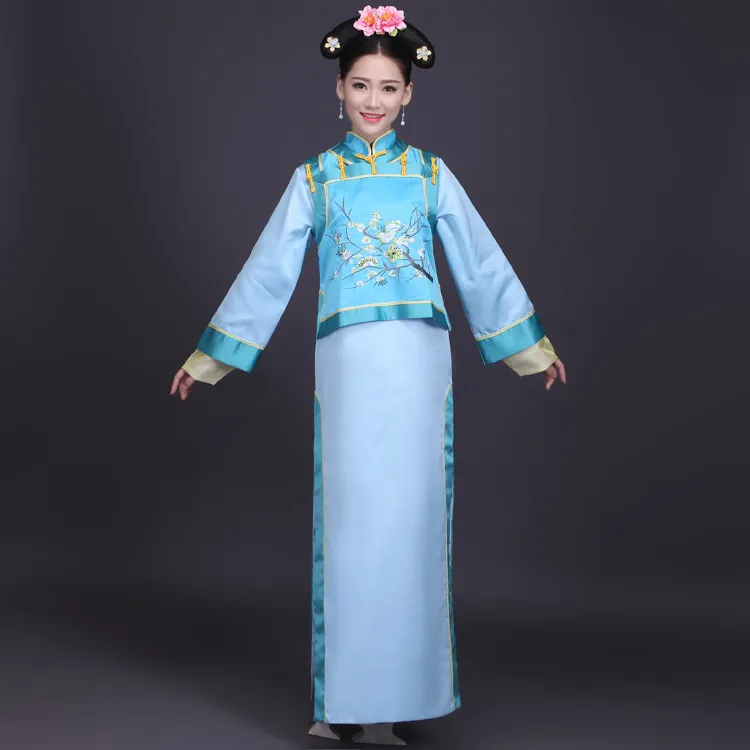 Antique Manchu Princess Dress in Blue and - Elegant Chinese Ethnic Clothing for Women