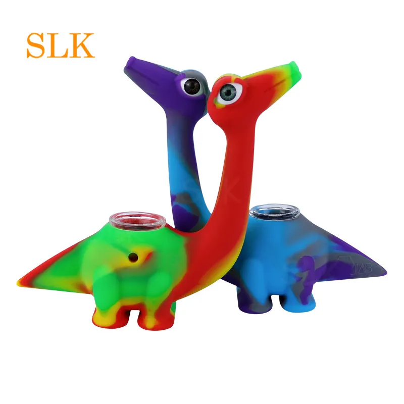 Dinosaur Pattern Silicone Tobacco Smoking Pipe With Glass Bowl Screen Available Herb Pipe mini water bubbler dab bong collapsible