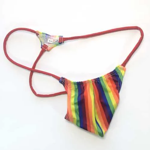 Mens Sexy Thong Mini Pouch Diamond Back Rainbow Stripes Prints Stretchy Swimsuit Tricot G4504 Men Underwear