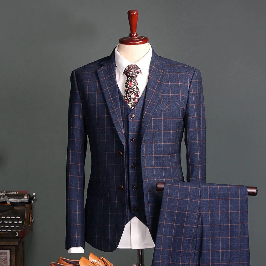 2018 Navy Check Slim Fit Men's Suits Groom Tuxedos Wedding Grooms Three Pieces Jaket+Vest+Pants Formal Occasion Wear Prom Suit Custom Made