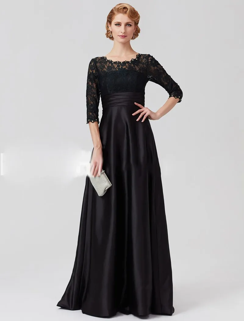 Vestidos negros para madre de la novia, manga larga 3/4, apliques de encaje satinado, cuello joya con cuentas, vestidos para madre del novio de talla grande