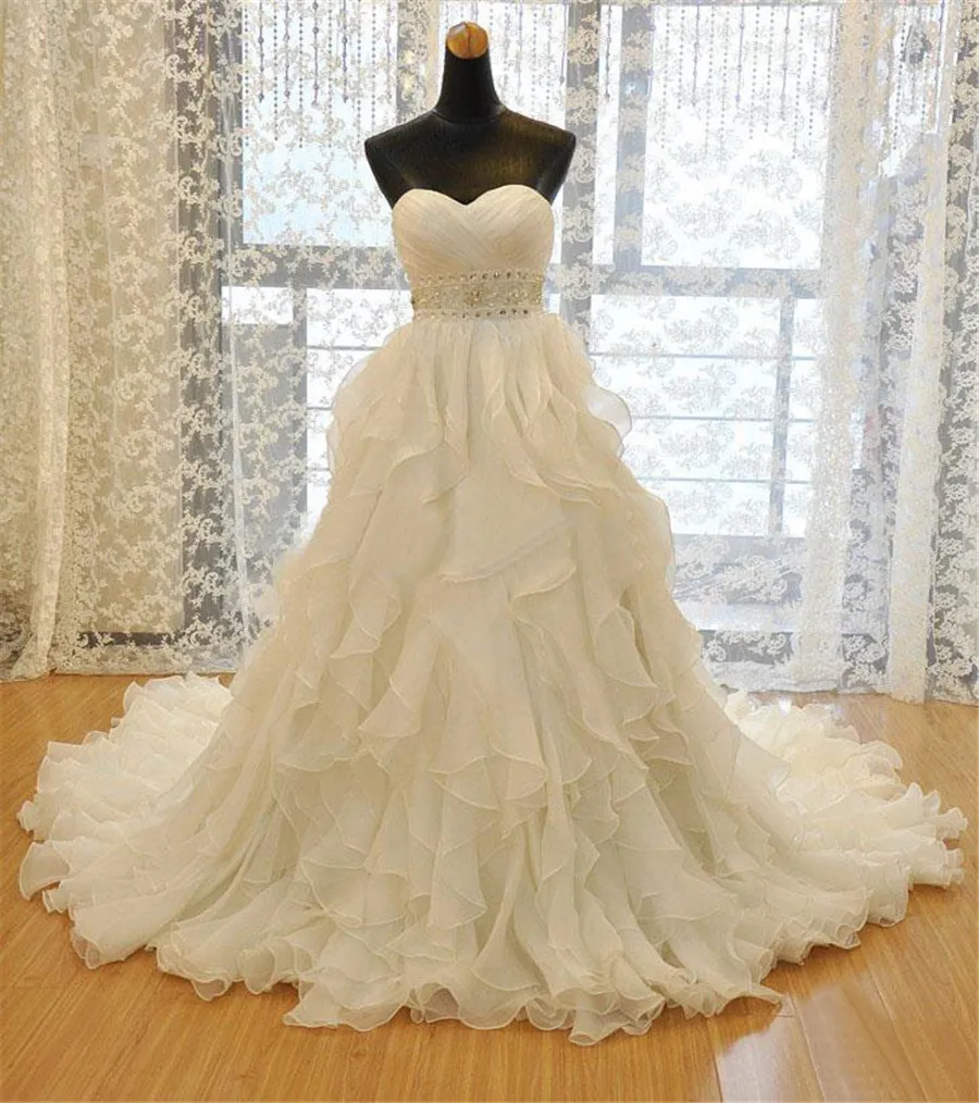 new Organza wedding gowns Beading Belt Sweetheart Chapel Train Bridal Gown Wedding Dress With Ruffled white Bridal Gowns