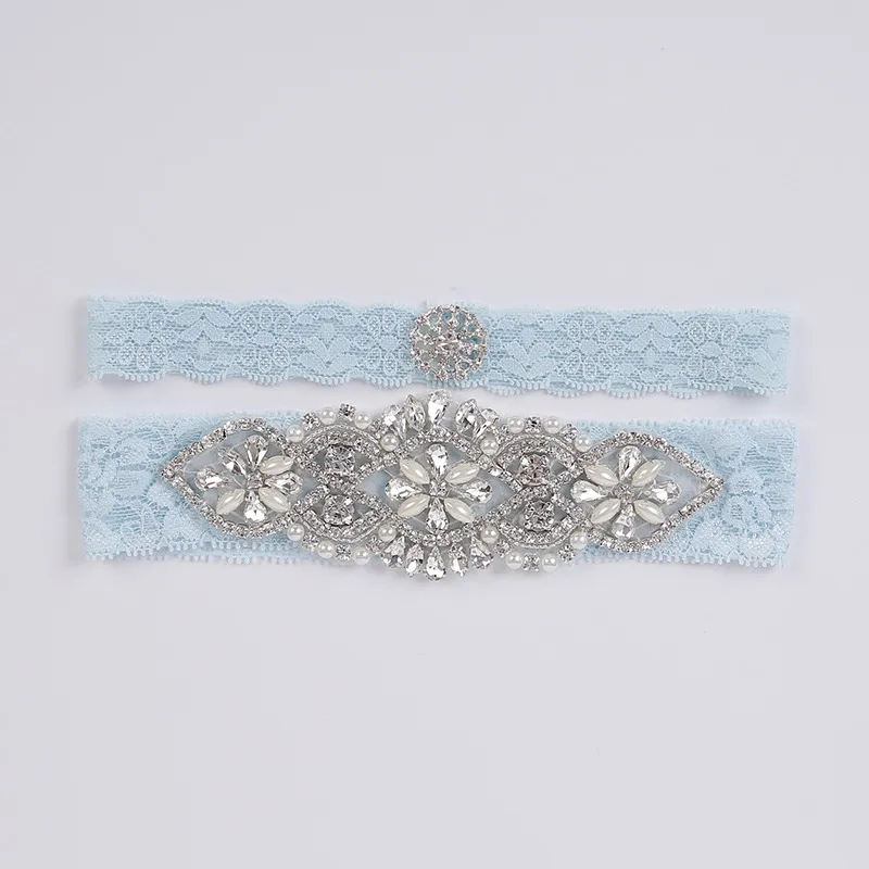 Blue Bridal Garters Crystals Pearls For Bride Lace Wedding Garters Belt Size från 15 till 23 tum bröllopsben Garters Real PI54529297F