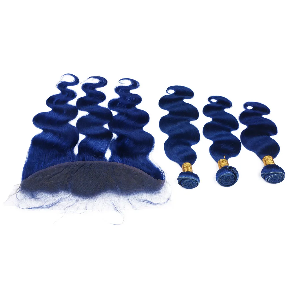 Mörkblå Virgin Peruvian Hair Bundles handlar om frontkroppsvåg Pure Blue 13x4 Full Lace Frontal stängning med vävtillägg