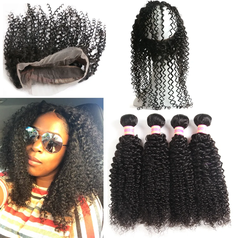 Mongol Kinky Curly Virgin Hair 2/3 Bundles Avec 360 fermeture frontale en dentelle 100% Brésilien Péruvien Malaisien Indien Mongol Kinky Curly