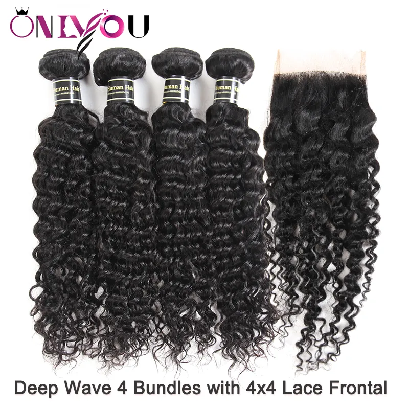 Brazilian Deep Wave Virgin Hair Closure Kinky Curly Human Hair Weave Bundles with Closure Straight 4 Bundles and Weaves Hair Wefts8664295