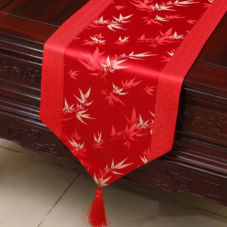 Camino de mesa de brocado de seda china de bambú de 230x33 cm de largo, mantel decorativo para boda, cena, fiesta, mantel elegante para mesa de comedor Damasco