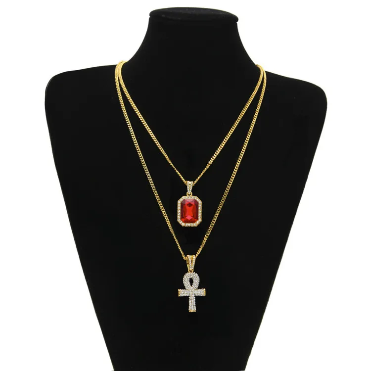 Egyptian Ankh Key of Life Bling Rhinestone Cross Pendant With Red Ruby Pendant Necklace Set Bling Bling Men Fashion Hip Hop Jewelry