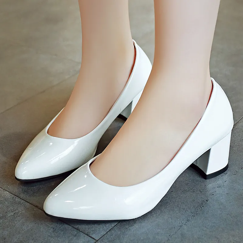 Plus Size 33 41 Women Shoes Medium Heels Pumps Pointed Toe White Wedding Shoes Patent Leather Boat Shoes Dress pump