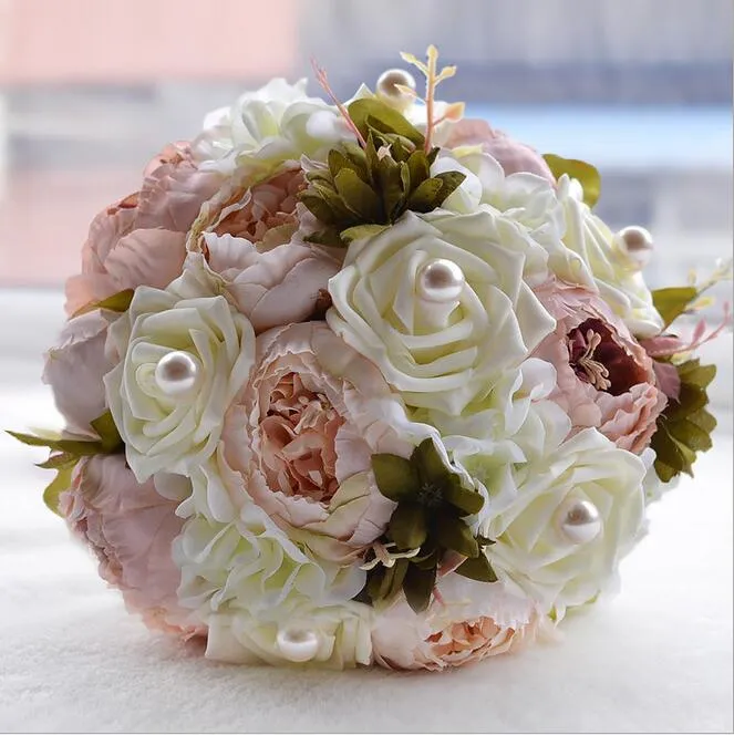 2018 Bride Bukiet Vintage Sztuczne Kwiat Bukiet Ślubny Piwonia Kwiaty Ślubne Romantyczny Moda Bukiet De Noiva Różowy Purple