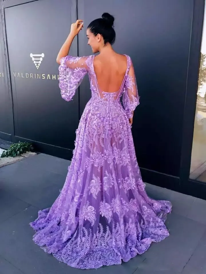 Elegante Lavender Sheer longas Prom Glamorous Lace apliques 1/2 Poeta mangas Open Back Evening vestidos 2018 Couture Vestidos de Festa