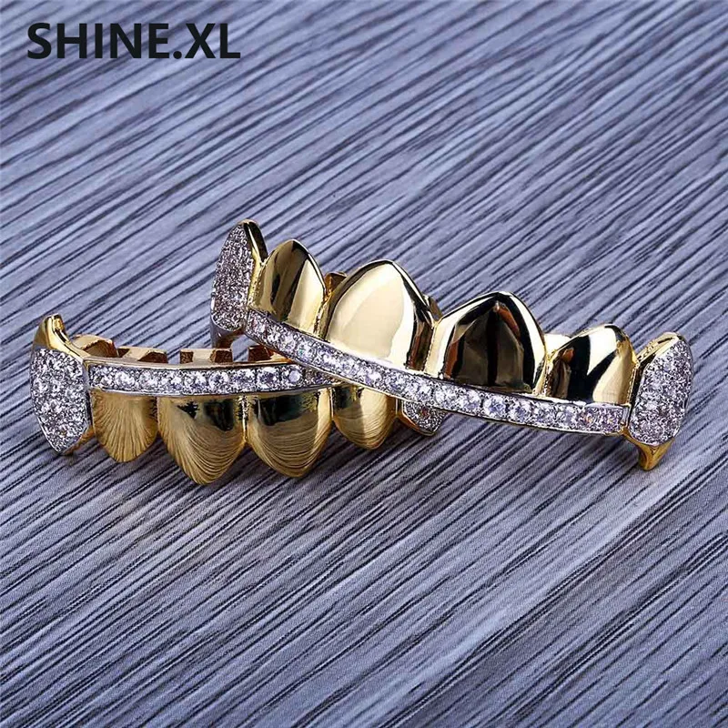 Hip Hop Grills Teeth Caps Mouth Iced Out Micro Pave Cz Stone Top och Bottom Vampyr Tandgrillar Set Party Gift