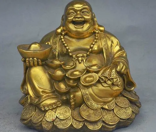 8cm Kina Royal Brass Wealth Maitreya Buddha Hold Money Bag Yuanbao Coin Statue