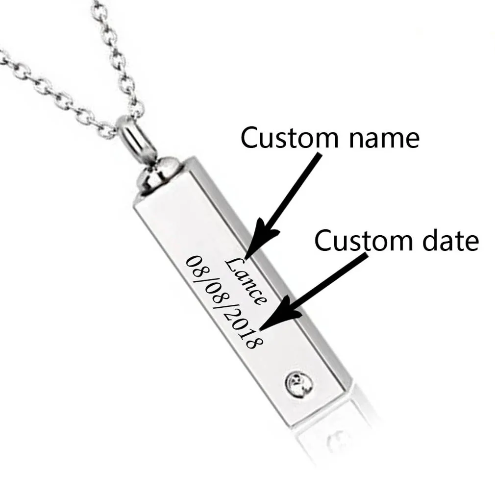 Fashion jewelry accessories custom name Cube Bar Urn Pendant Necklace Memorial Ash Keepsake Stainless Steel Cremation Jewelry