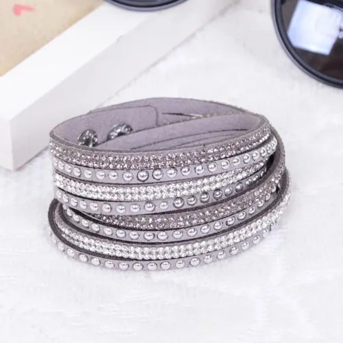 Kvinnor Crystal Rhinestone Slake Deluxe Läder Wrap Armband Cuff Punk Armband Bangles Fit Party Bästa present 15 färger