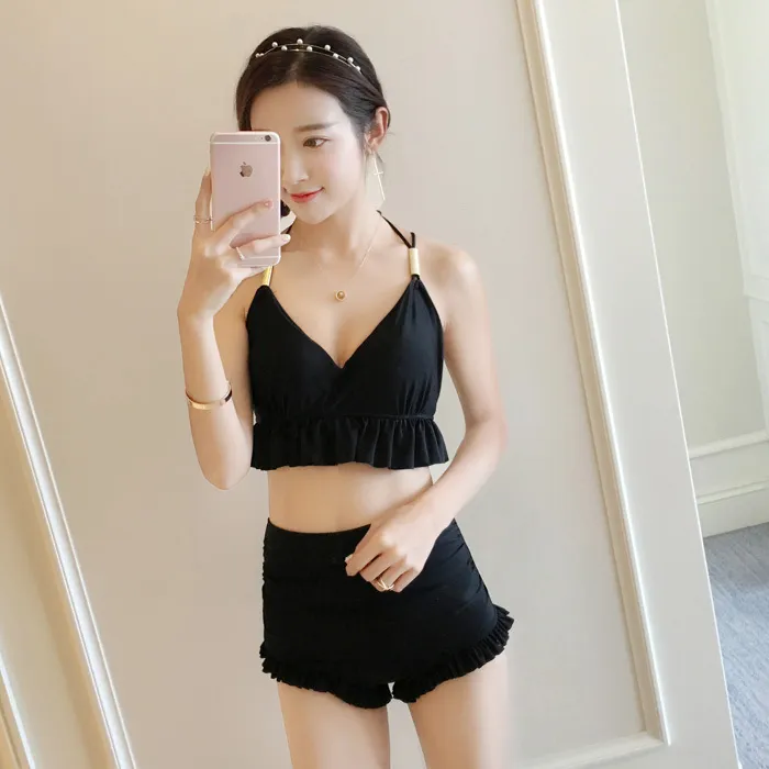 한국어 여름 섹시한 간단한 검은 색 민소매 고삐 공주 Tankini 수영복 두 조각 겸손한 수영복
