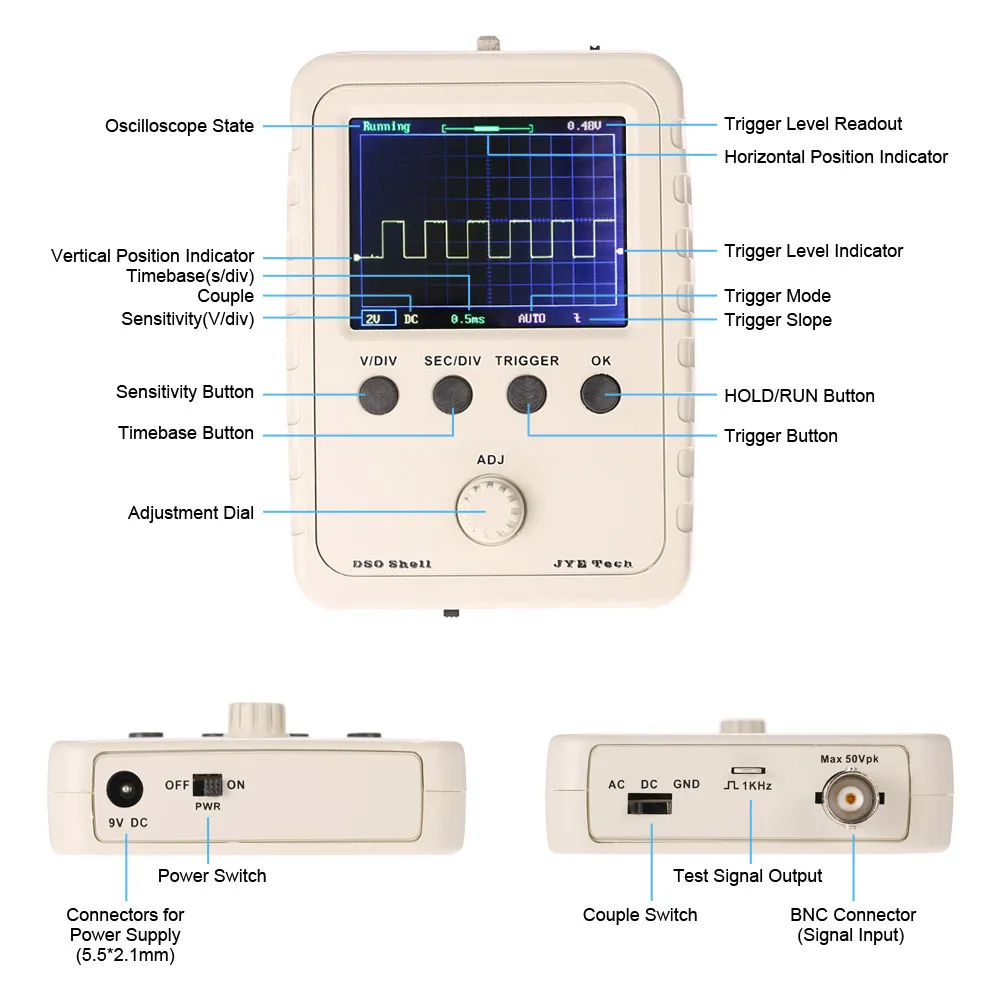 Freeshipping Digital Oscilloscope DIY Kit Parts with Case SMD Soldered Electronic Learning Set 1MSa/s 0-200KHz 2.4" TFT Handheld Pocket