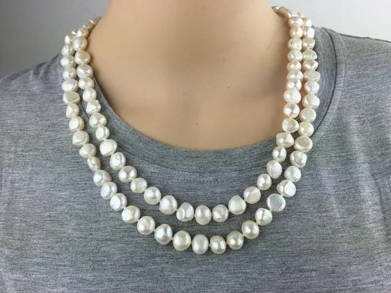 48inches 9-10mm collier de perles baroques, bijoux de perles blanches, mariage, amour, fête des mères. Bonheur femmes cadeau bijoux