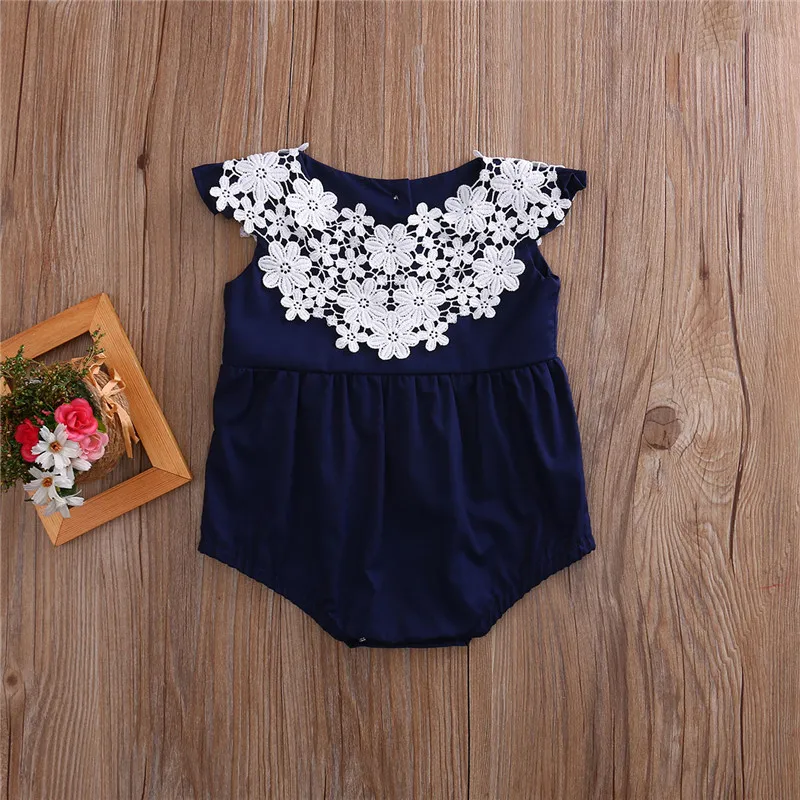 Vestiti neonata Tutina blu navy Pagliaccetto senza maniche Fiore di pizzo Tutina prendisole Tutina Abiti Estate Bambini Neonato Ragazza Abbigliamento