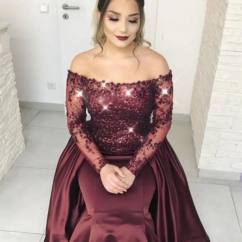 Glamorous Beads Applique Prom Dress With Overskirt Off Shoulder Applique Long Sleeve Party Gowns Sexy Dubai Satin Celebrity Evening Dress