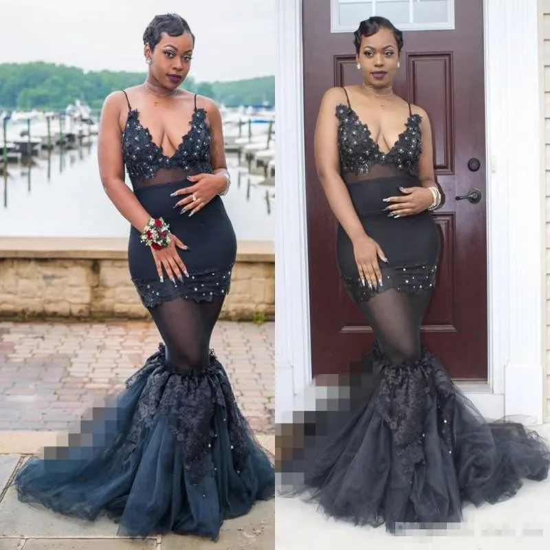 Afrikaanse plus size prom jurken met diepe v-hals riemen kralen appliques sexy zeemeermin avondjurk kijken door appliques cocktail feestjurk