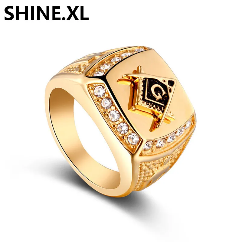 Hip Hop Freimaurer Männliche Ringe für Männer Vintage Kristall Freimaurer Gold Farbe Ring Größe 7-14 Zirkon CZ Zink Legierung AG Ringe