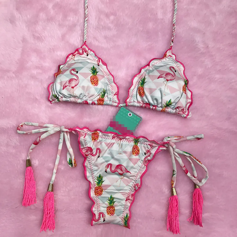 Yeni Flamingo ve Ananas Baskılı Brezilyalı Bikini Örgülü Halat 2021 Seksi Kadın Mayolar Push Up Bikini Set Bandaj Mayo