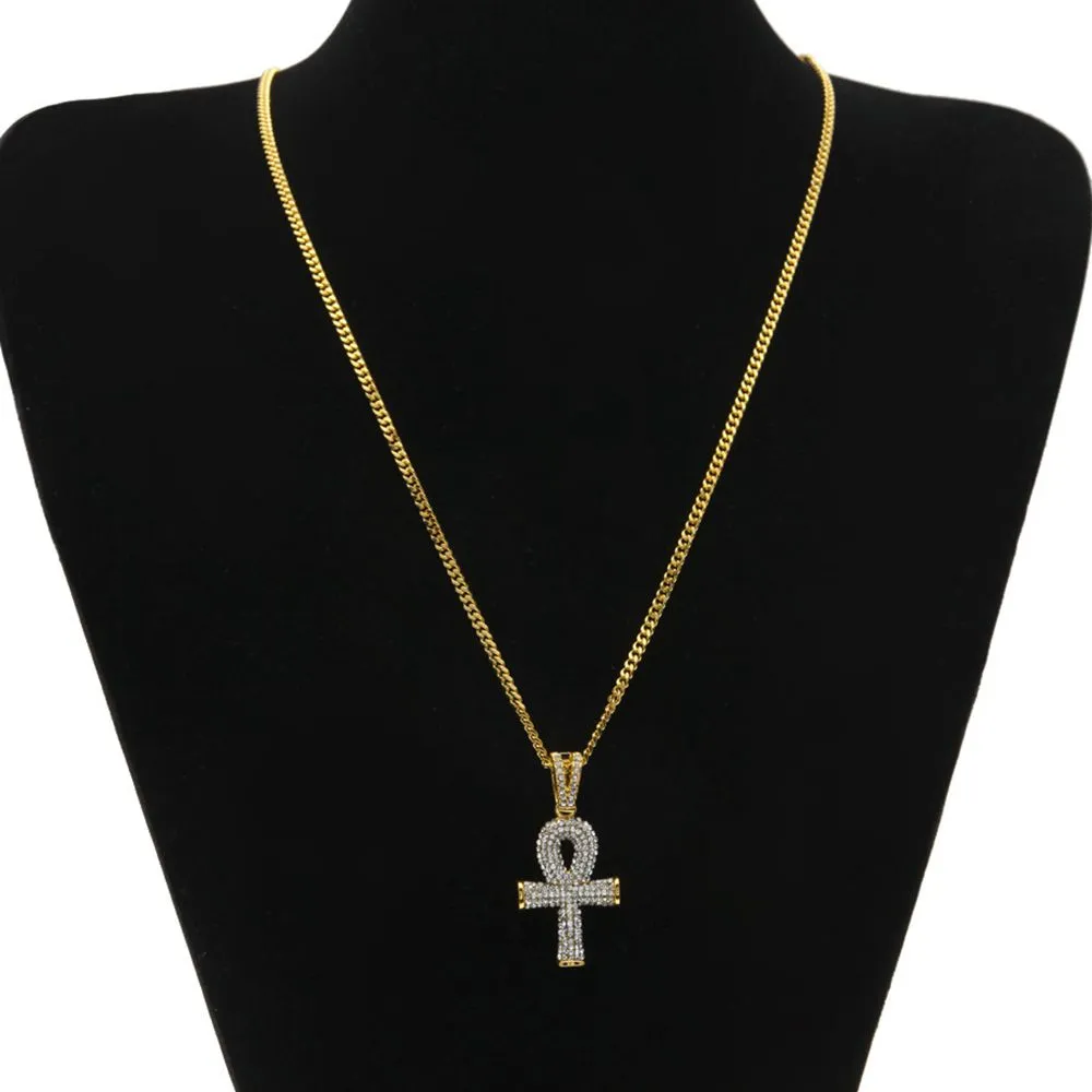 Ägyptischer Ankh-Schlüssel-Bling-Anhänger-Halskette, 18 Karat Gelbgold gefüllt, Hip-Hop-Damen-Herren-Charm-Anhänger-Kette