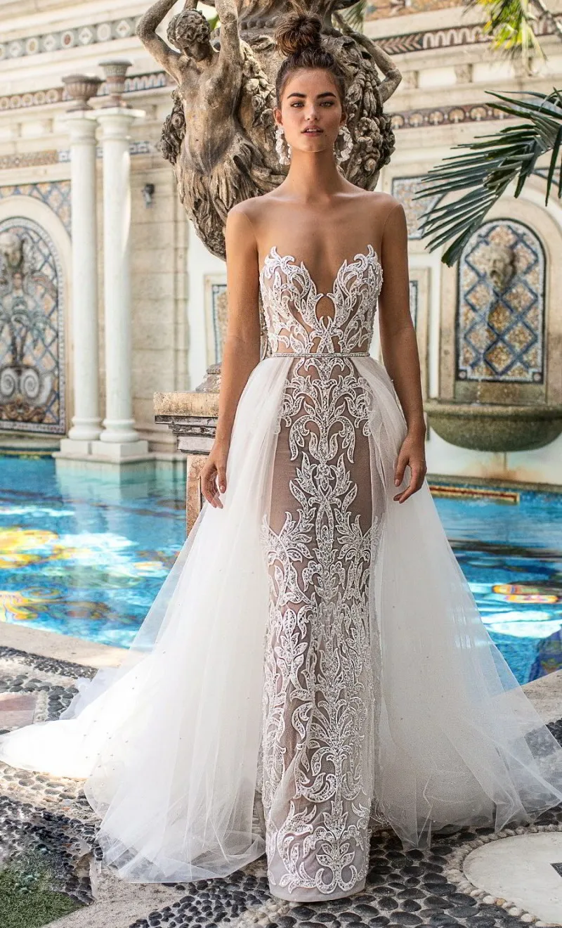 Berta 2020 Abiti da sposa Treno staccabile Sweetheart Senza maniche Sirena Abiti da sposa Abito da sposa con applicazioni in pizzo su misura